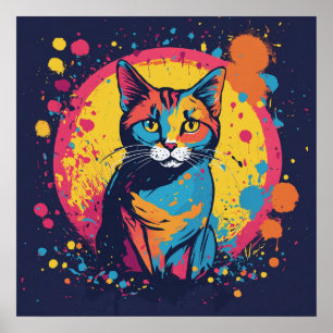 Colourful Cat Silhouette Watercolor Wall Poster