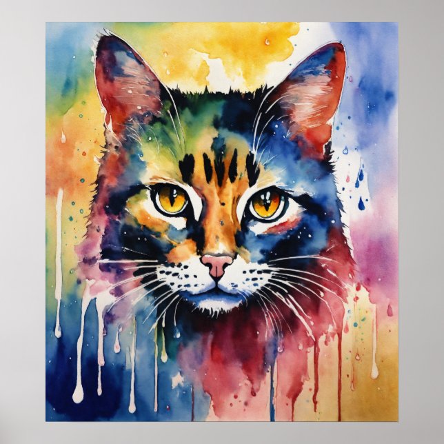 Colourful Cat Silhouette Watercolor Wall Poster (Front)