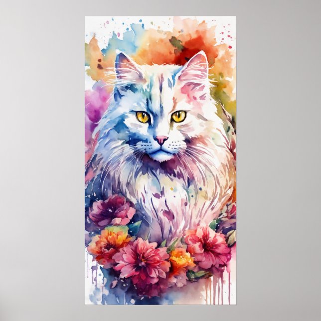 Colourful Cat Silhouette Watercolor Wall Poster (Front)