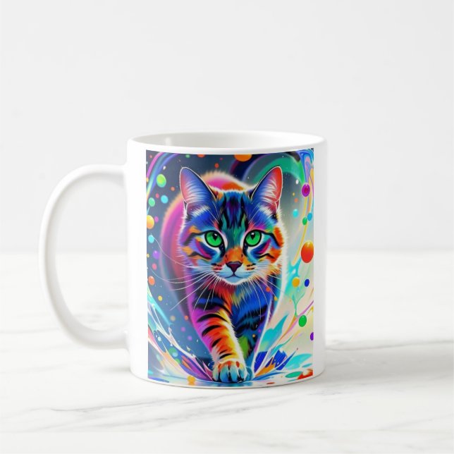 Colourful cat, splash, painting, colouring grading coffee mug (Left)