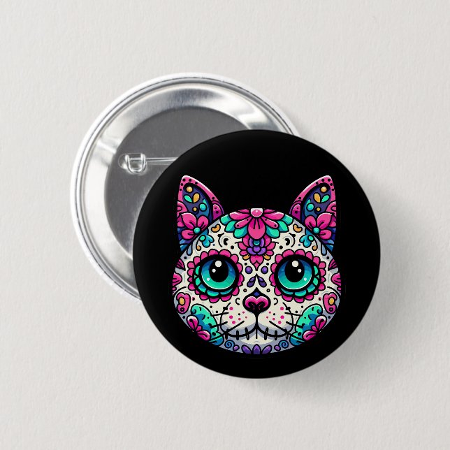 Colourful Cat Sugar Skull 2 Inch Round Button (Front & Back)