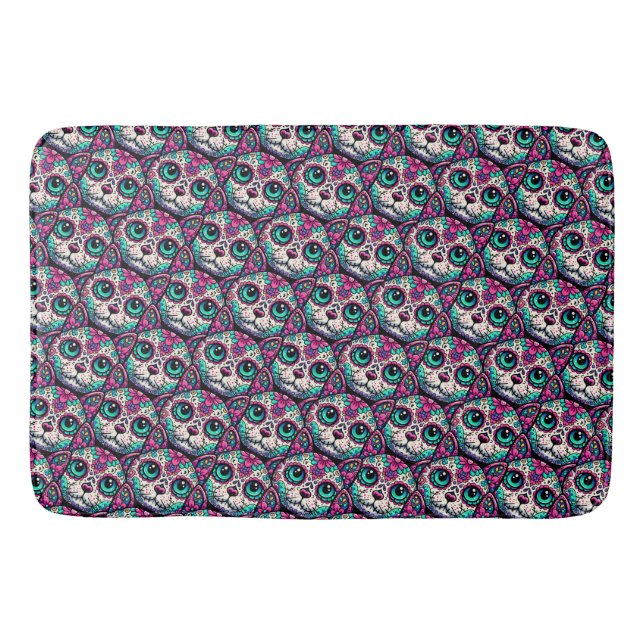 Colourful Cat Sugar Skull Bath Mat (Front)