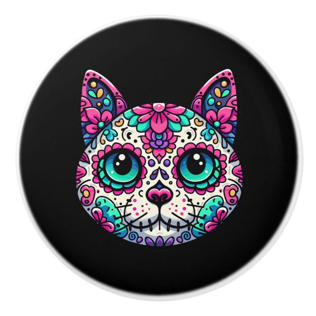 Colourful Cat Sugar Skull Ceramic Knob (Front)