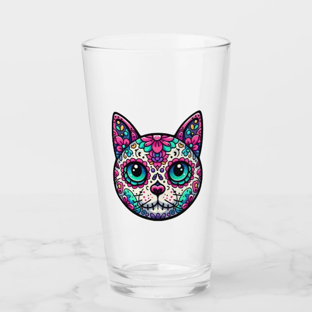 Colourful Cat Sugar Skull Glass (Front)