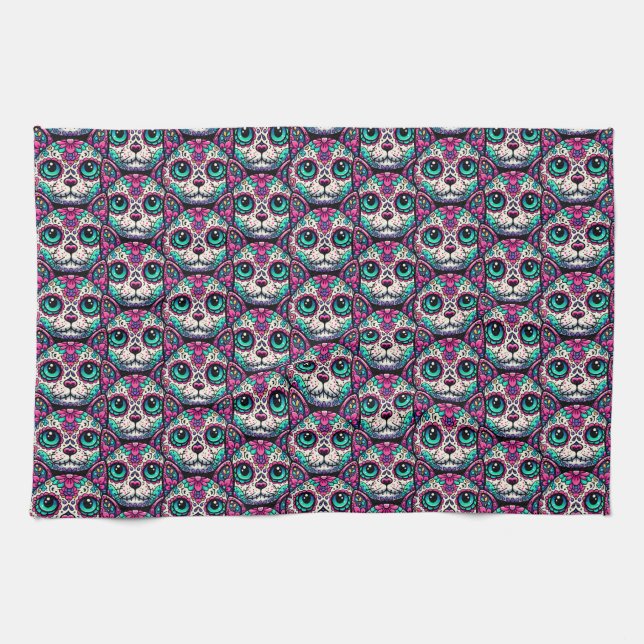 Colourful Cat Sugar Skull Kitchen Towel (Horizontal)