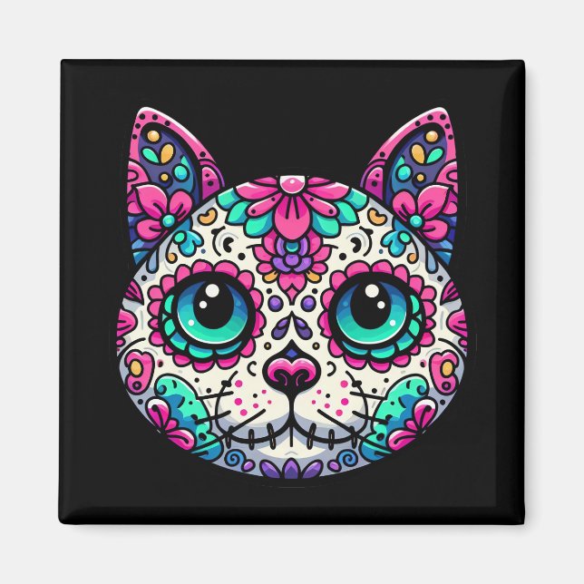 Colourful Cat Sugar Skull Magnet (Front)