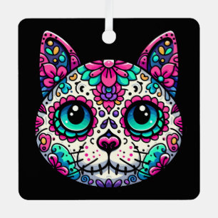 Colourful Cat Sugar Skull Metal Ornament