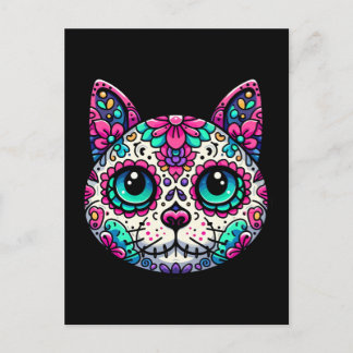 Colourful Cat Sugar Skull Postcard