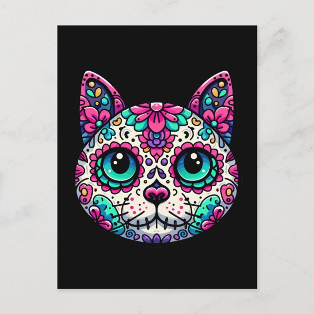 Colourful Cat Sugar Skull Postcard (Front)