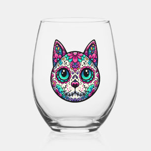 Colourful Cat Sugar Skull Stemless Wine Glass