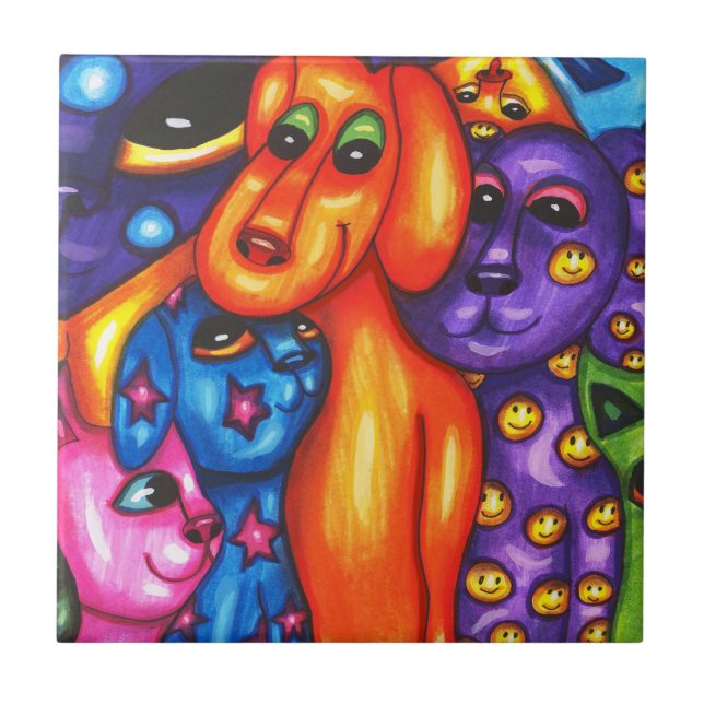 colourful cats and dogs abstract original art tile (Front)