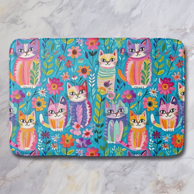 Colourful Cats and Flowers Whimsical  Bath Mat (Creator Uploaded)
