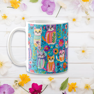 Colourful Cats and Flowers Whimsical Birthday Coffee Mug