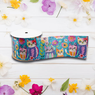Colourful Cats and Flowers Whimsical Birthday Satin Ribbon