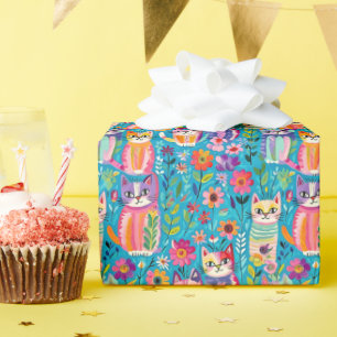 Colourful Cats and Flowers Whimsical Birthday Wrapping Paper