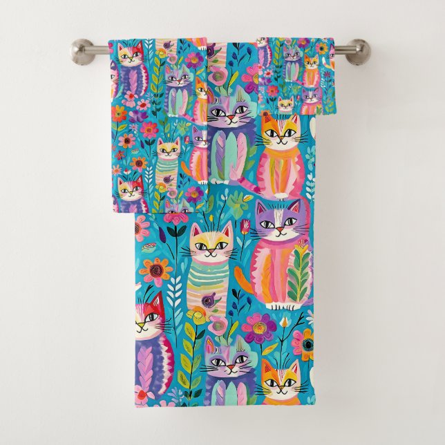 Colourful Cats and Flowers Whimsical Happy Bath Towel Set (Insitu)