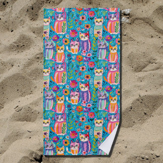 Colourful Cats and Flowers Whimsical Happy Beach Towel