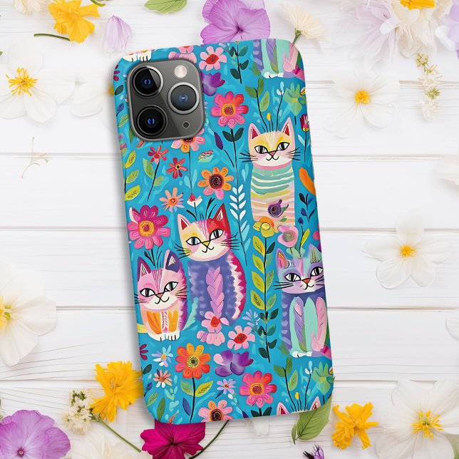Colourful Cats and Flowers Whimsical Happy Case-Mate iPhone Case (Creator Uploaded)