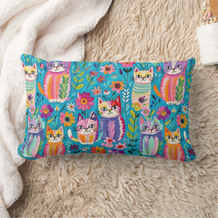 Colourful Cats and Flowers Whimsical Happy Lumbar Pillow