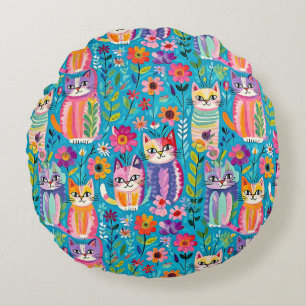 Colourful Cats and Flowers Whimsical Happy Round Pillow