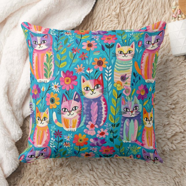 Colourful Cats and Flowers Whimsical Happy Throw Pillow (Blanket)