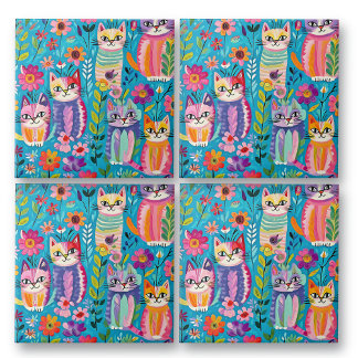 Colourful Cats and Flowers Whimsical Happy Tile