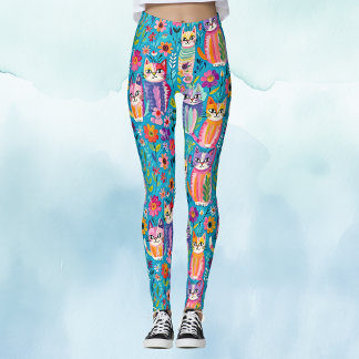 Colourful Cats and Flowers Whimsical Leggings