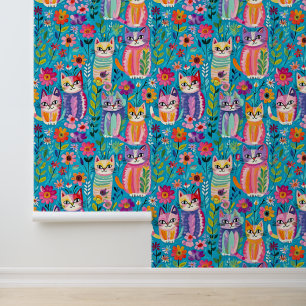 Colourful Cats and Flowers Whimsical  Wallpaper