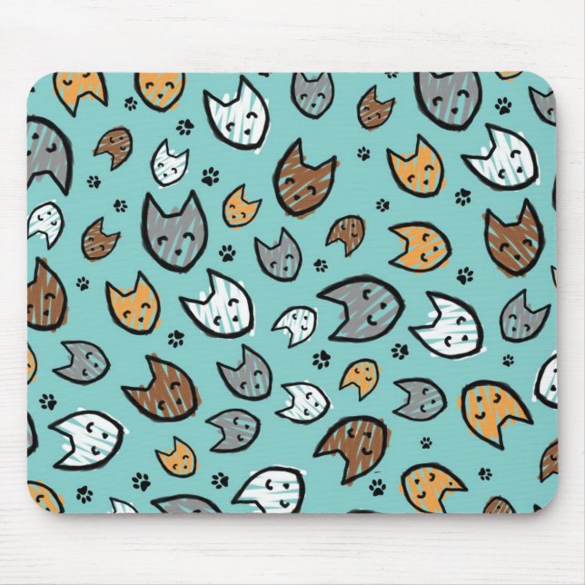 Colourful Cats and Paws Pattern on Teal Mouse Pad (Front)