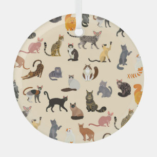 Colourful Cats: Different Breeds Pattern Glass Ornament