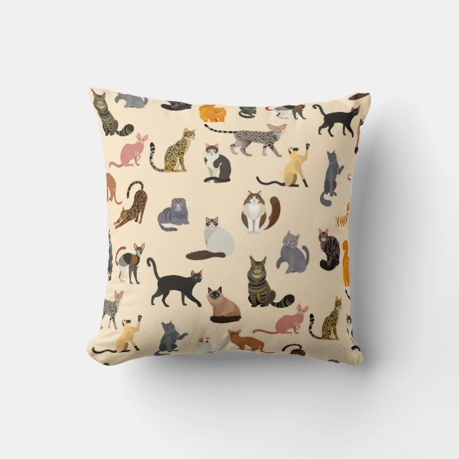 Colourful Cats: Different Breeds Pattern Throw Pillow (Front)
