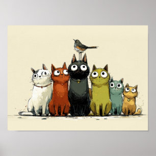 Colourful Cats Group – Cute Whimsical Cat Art Poster