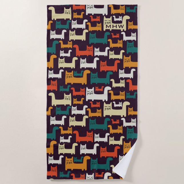 Colourful Cats Pattern custom monogram beach towel (Front)