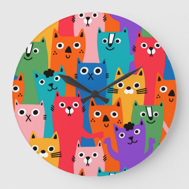 Colourful cats pattern large clock (Front)