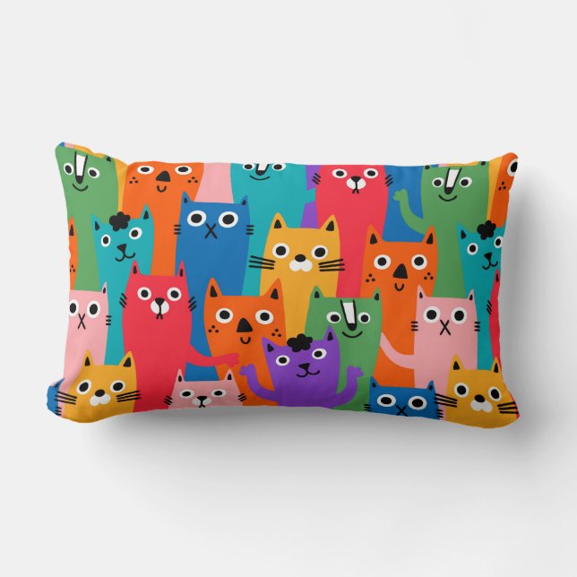 Colourful cats pattern lumbar pillow (Front)