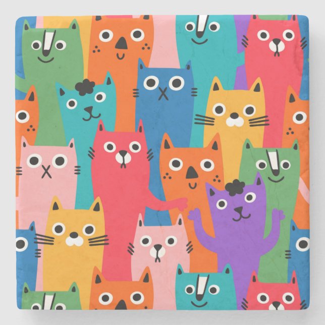 Colourful cats pattern stone coaster (Front)