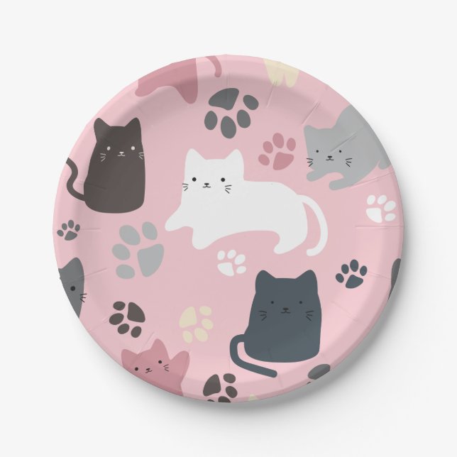 Colourful Cats Paws Pattern Pink Background Party Paper Plate (Front)