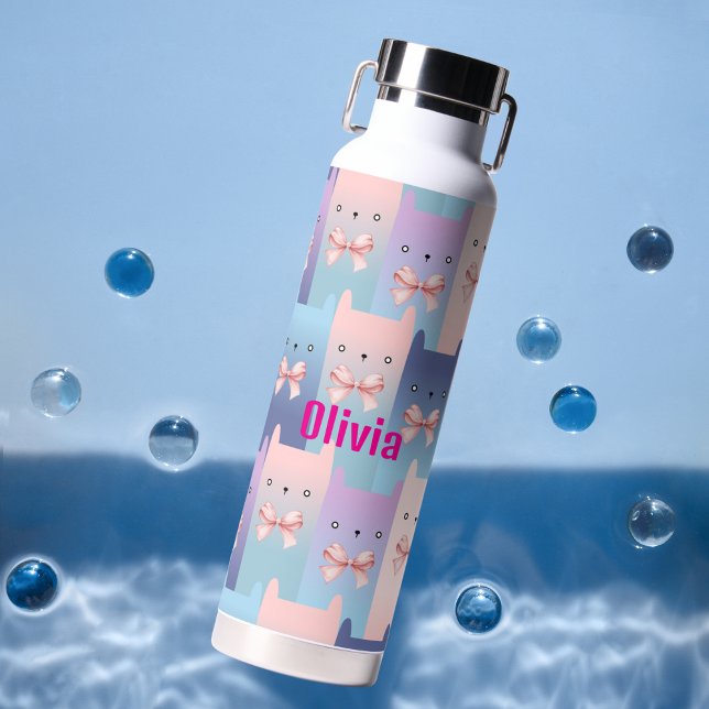 Colourful Cats & Pink bows, Watercolor Personalize Water Bottle (Creator Uploaded)