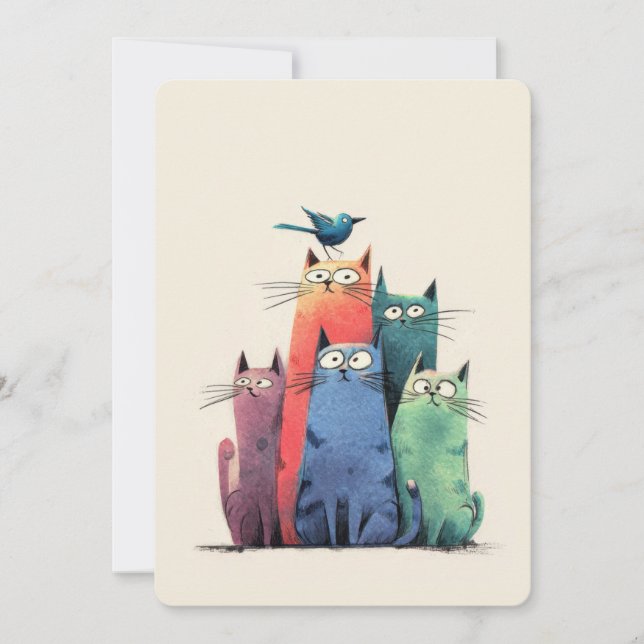 Colourful Cats Stack – Cute Whimsical Cat Art Holiday Card (Front)