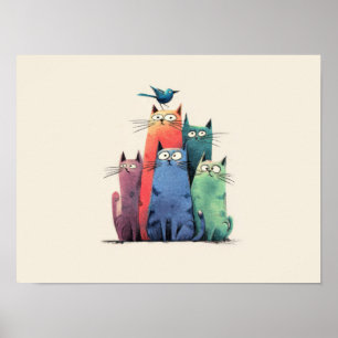 Colourful Cats Stack – Cute Whimsical Cat Art Poster