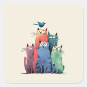 Colourful Cats Stack – Cute Whimsical Cat Art Square Sticker