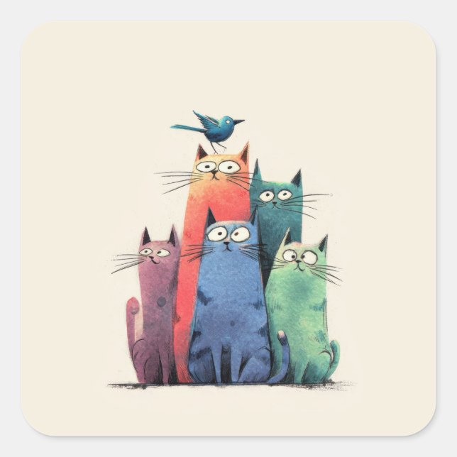 Colourful Cats Stack – Cute Whimsical Cat Art Square Sticker (Front)