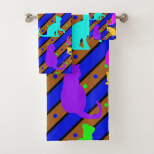 Colourful Cats stripes and polkadots Animal art Bath Towel Set