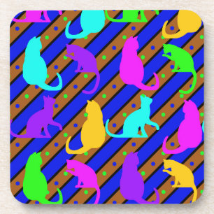 Colourful Cats stripes and polkadots Animal art Coaster