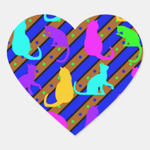 Colourful Cats stripes and polkadots Animal art Heart Sticker