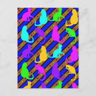 Colourful Cats stripes and polkadots Animal art Postcard