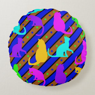 Colourful Cats stripes and polkadots Animal art Round Pillow
