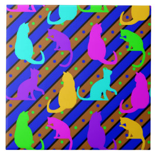 Colourful Cats stripes and polkadots Animal art Tile