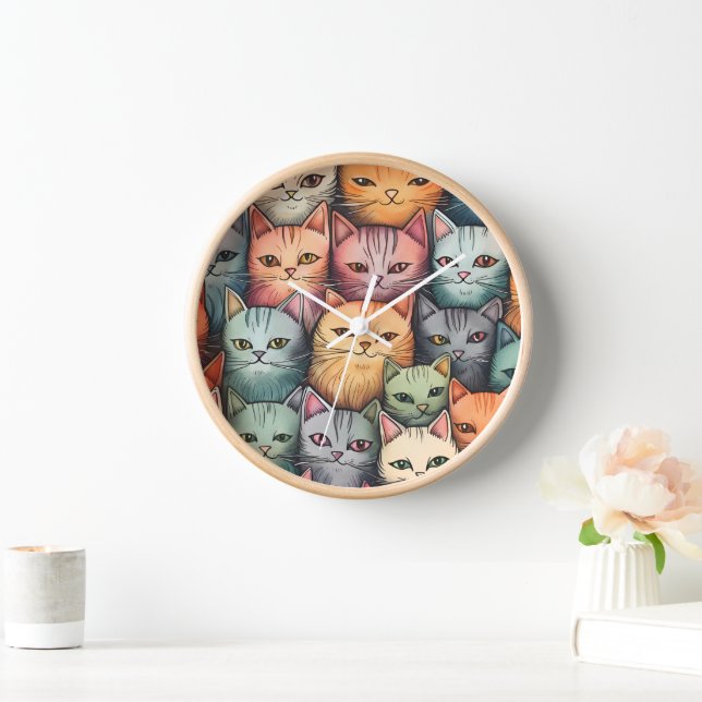 Colourful Cats Whimsical Doodle  Clock (Home)