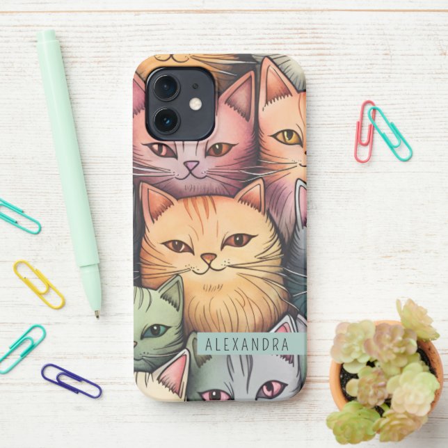 Colourful Cats Whimsical Doodle iPhone Case (On Desk)